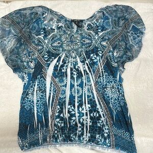 Style & Co. Blue Graphic Blouse with Flutter Sleeves